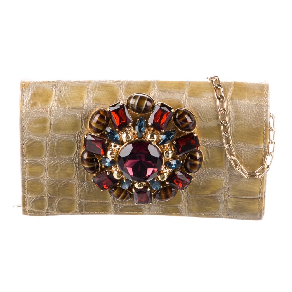 Carlos Falchi croc embossed patent leather crystal glass stone flower clutch #53